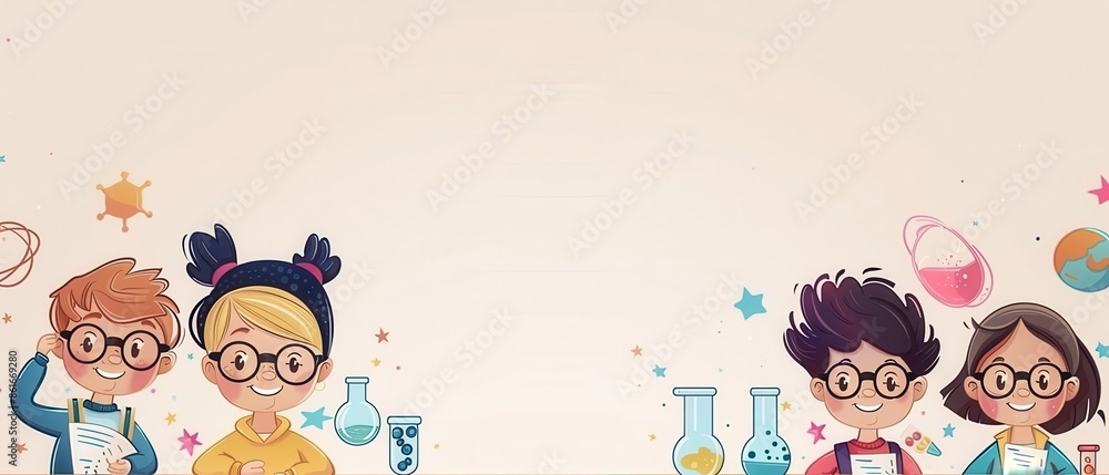 Cute Cartoon of children participating in a school assembly (faces not visible) with space for text, minimal, bright style Cute Cartoon of children participating in a school assembly (faces not visible) with space for text, minimal, bright style