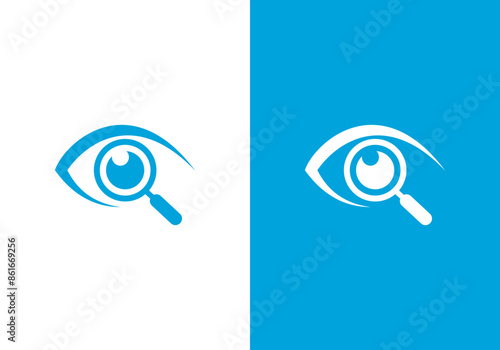 Magnifying glass logo design template combined with eye design. magnifying glass and eye vector logo template