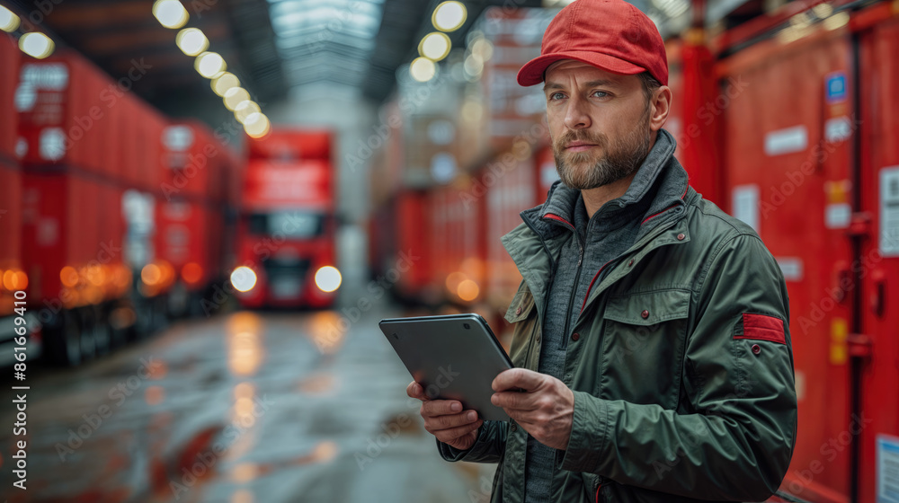 Supervisor holding digital tablet and controlling cargo loading process inside warehouse Supervisor holding digital tablet and controlling cargo loading process inside warehouse