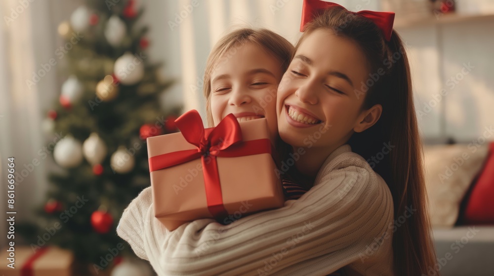 Two sisters share a heartfelt hug during Christmas, holding a beautifully wrapped gift, encapsulating the warmth and joy of the festive season. Two sisters share a heartfelt hug during Christmas, holding a beautifully wrapped gift, encapsulating the warmth and joy of the festive season.
