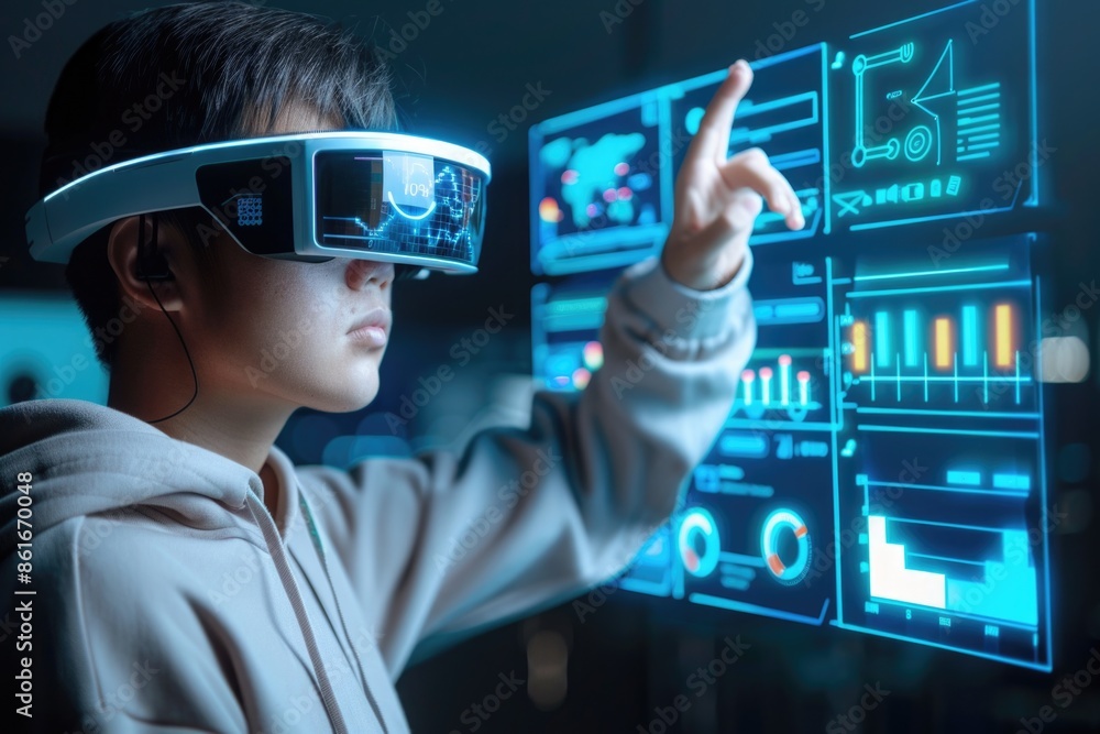 Innovative VR experience with a young person exploring virtual data in a futuristic setting, symbolizing the intersection of reality and technology. Innovative VR experience with a young person exploring virtual data in a futuristic setting, symbolizing the intersection of reality and technology.