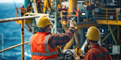 Oil workers cooperating on an oil rig platform at sea