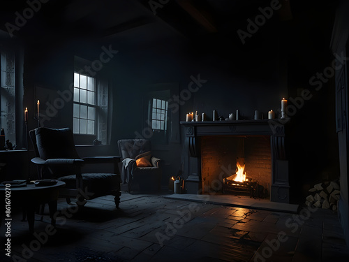 Antique fireplace and a sofa to sit on and warm up to the fire, create warmth in the winter, a charcoal stove © Aodsy