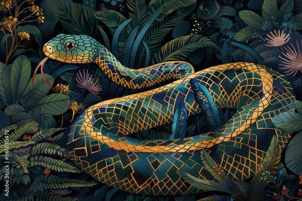 Obraz premium Ornate serpent illustration amidst a dense jungle setting implies mystery and nature