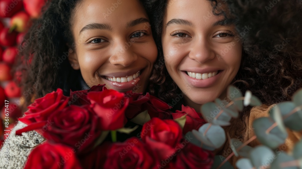 Two sisters smile warmly at the camera with a vibrant floral background, holding a bouquet and exuding joy and affection. Two sisters smile warmly at the camera with a vibrant floral background, holding a bouquet and exuding joy and affection.