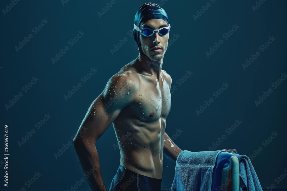 portrait of a professional swimmer in studio lighting, wearing a sleek racing swimsuit, goggles, and swim cap, holding a kickboard and swim towel. portrait of a professional swimmer in studio lighting, wearing a sleek racing swimsuit, goggles, and swim cap, holding a kickboard and swim towel.
