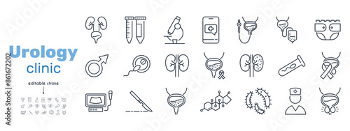 Set of line icons urology clinic. Kidneys, bladder,catheter, cystoscope, hormones, testosterone, impotence, spermogram, prostatitis, surgery, bacteria, urologist, urinary incontinence, fertilization