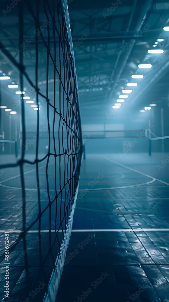 Dark Empty Volleyball Field Room with Net Dark Empty Volleyball Field Room with Net