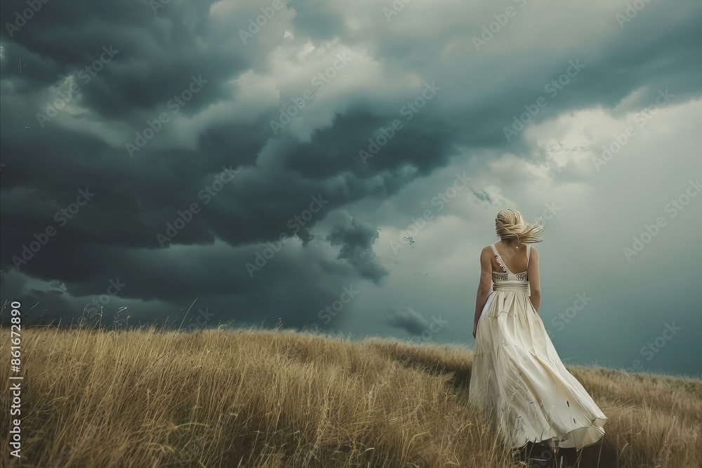 Woman Wearing Black Dress Waiting For Storm, Dark Clouds in the Sky Rear View Woman Wearing Black Dress Waiting For Storm, Dark Clouds in the Sky Rear View