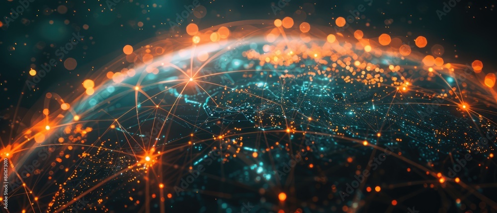 Fototapeta premium Abstract glowing network of lines and dots, connected to a blue and orange planet.