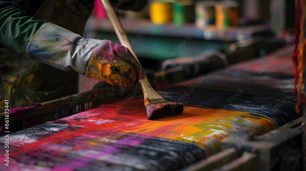 Fototapeta premium Close-up of a Hand Painting a Fabric with a Large Paintbrush