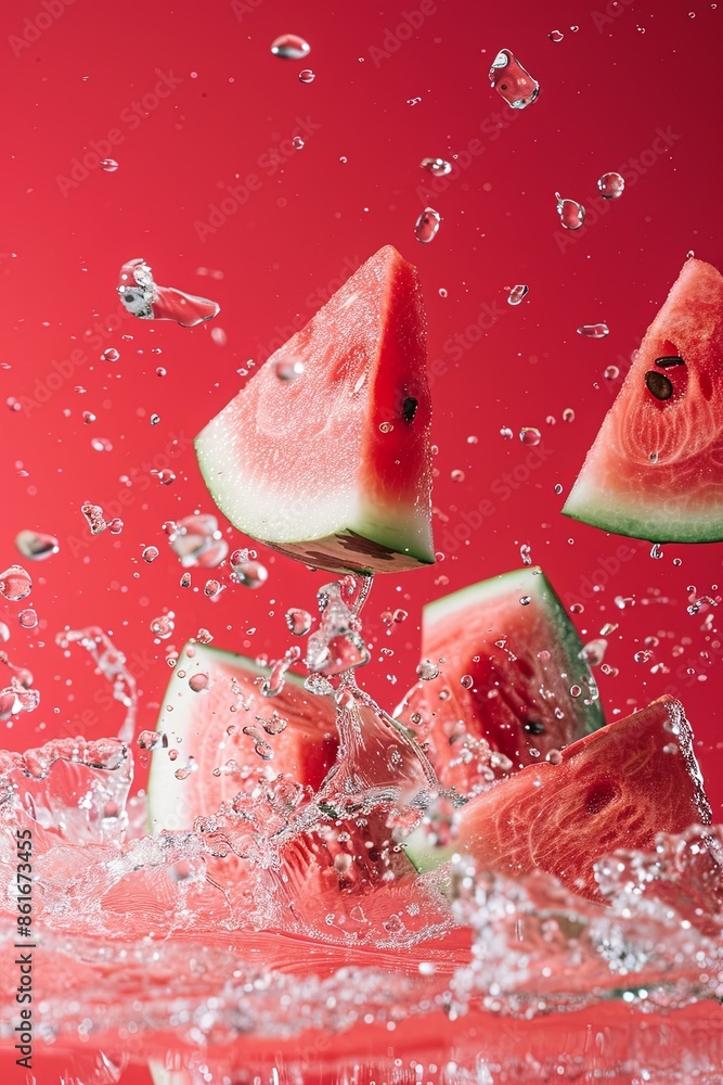 Super slow motion of fresh watermelon slices falling into water against a red background at 1000 frames per second. Super slow motion of fresh watermelon slices falling into water against a red background at 1000 frames per second.