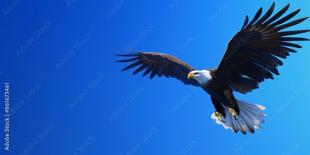 american bald eagle, Soaring Eagle in Sky A magnificent eagle soaring high in the sky, captured in a full-body shot, highlighting its powerful wings and sharp gaze against a clear blue background. american bald eagle, Soaring Eagle in Sky A magnificent eagle soaring high in the sky, captured in a full-body shot, highlighting its powerful wings and sharp gaze against a clear blue background.