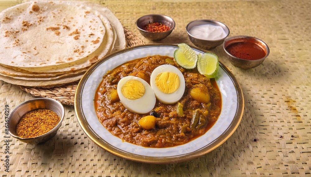 A plate of spicy Ethiopian Doro Wat, accompanied by injera bread and garnished with hard-boiled eggs. Served with a small bowl of berbere spice. A plate of spicy Ethiopian Doro Wat, accompanied by injera bread and garnished with hard-boiled eggs. Served with a small bowl of berbere spice.