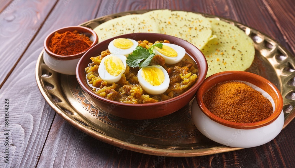 A plate of spicy Ethiopian Doro Wat, accompanied by injera bread and garnished with hard-boiled eggs. Served with a small bowl of berbere spice. A plate of spicy Ethiopian Doro Wat, accompanied by injera bread and garnished with hard-boiled eggs. Served with a small bowl of berbere spice.