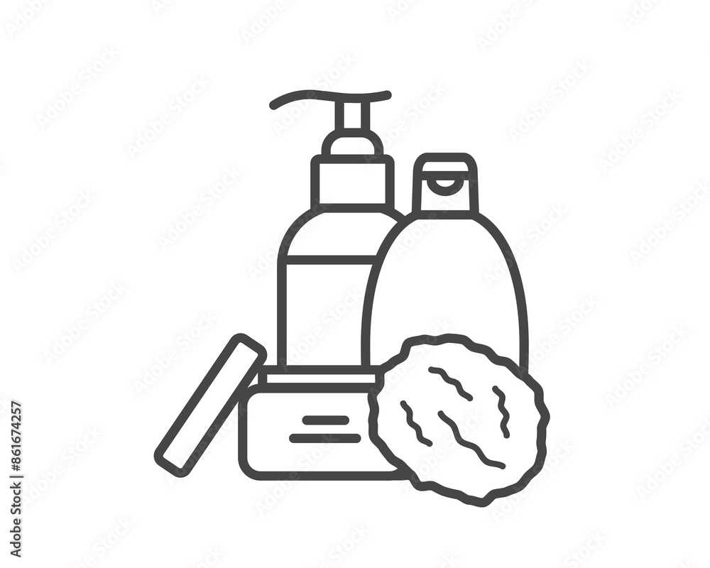 Obraz premium Vector set of beauty, cosmetics and care icons. Bottle, jar, shower gel, face cream, body lotion, spray, ointment, paste.
