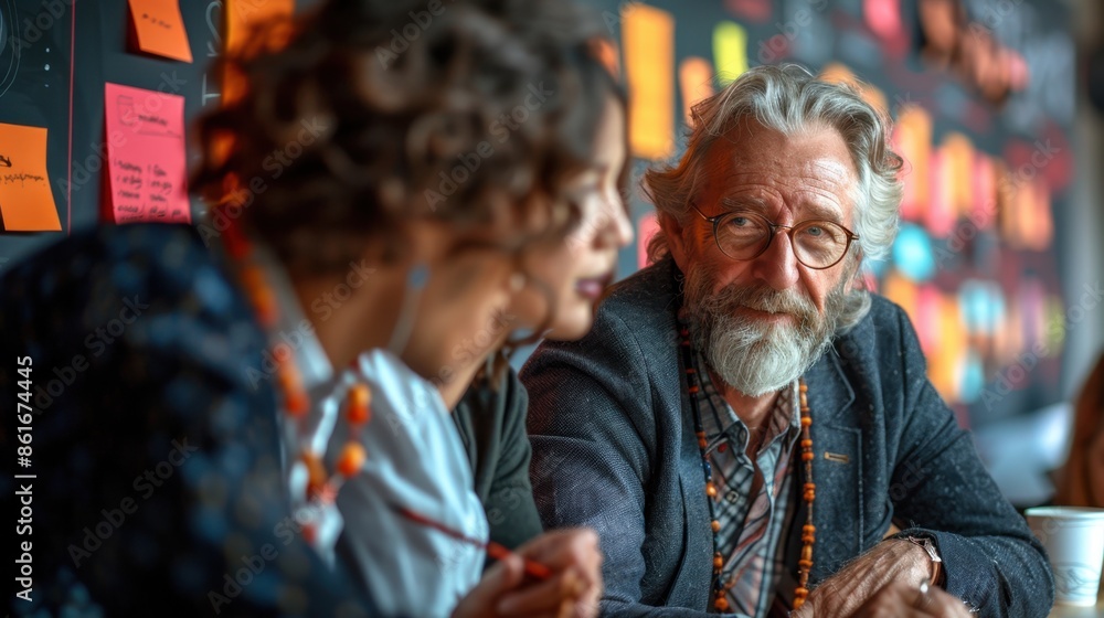 Obraz premium A professional stock photo of consultants in a meeting room, wearing business formal, in an organized environment, feeling strategic