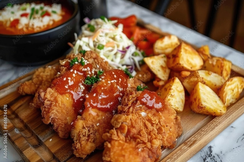 Delicious fried chicken served with crispy potatoes, fresh coleslaw, and a side dish in a wooden platter for a tasty meal experience. Delicious fried chicken served with crispy potatoes, fresh coleslaw, and a side dish in a wooden platter for a tasty meal experience.
