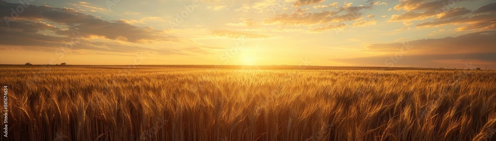 Obraz premium Golden wheat field glowing under the setting sun, capturing the serene beauty of nature and agriculture during sunset.