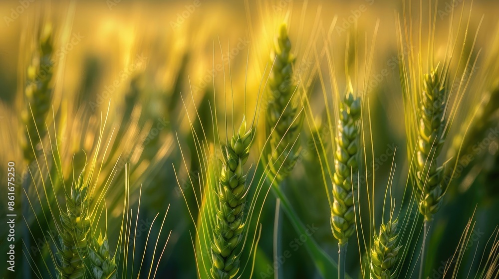 Fototapeta premium Close-up of wheat stalks in a sunlit field, showcasing the vibrant green and golden hues at dusk.