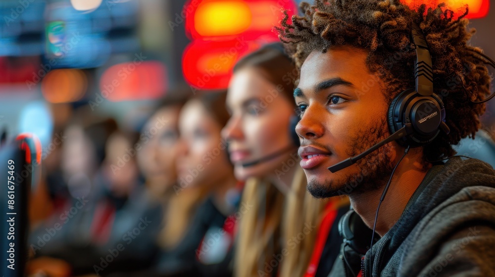 A professional stock photo of customer service reps in a call center, wearing headsets, in a busy environment, feeling helpful A professional stock photo of customer service reps in a call center, wearing headsets, in a busy environment, feeling helpful
