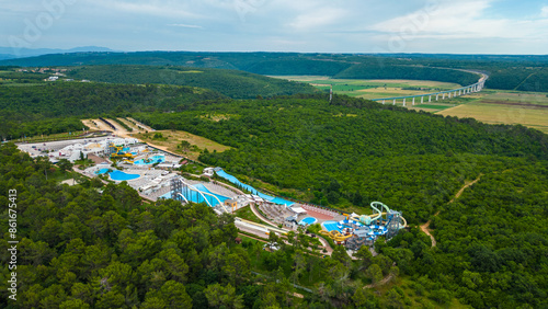 A breathtaking aerial view of Istralandia, the famous aquapark in Istria. This vibrant park is filled with exciting water slides, pools, and fun attractions captured by drone photo