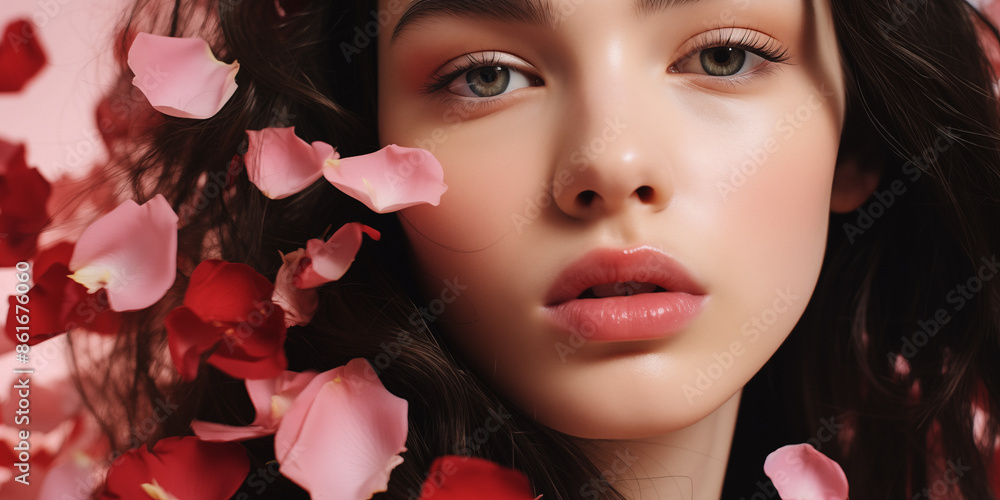 Elegant close-up portrait of a brunette woman surrounded by aromatic rose petals, exuding beauty and romance with a fresh, natural look.