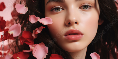 Obraz na płótnie Elegant close-up portrait of a brunette woman surrounded by aromatic rose petals, exuding beauty and romance with a fresh, natural look. w salonie