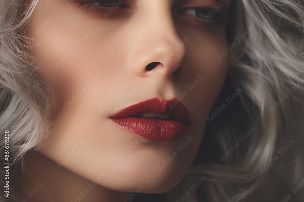 Nordic-inspired portrait of a platinum blonde woman with gray hair, highlighting her elegant makeup and stylish appearance. Nordic-inspired portrait of a platinum blonde woman with gray hair, highlighting her elegant makeup and stylish appearance.
