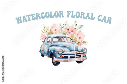 

Watercolor painting on car with flowers vector Bundle. floral car watercolor design Bundle. 