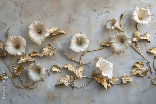 Stucco artwork of morning glory vines with their trumpet-shaped flowers creating a dynamic pattern along the wall. © Mari