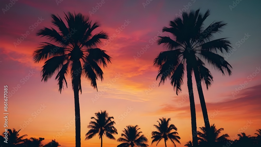 Silhouetted Palm Trees at Sunset: Minimalist Artwork Silhouetted Palm Trees at Sunset: Minimalist Artwork