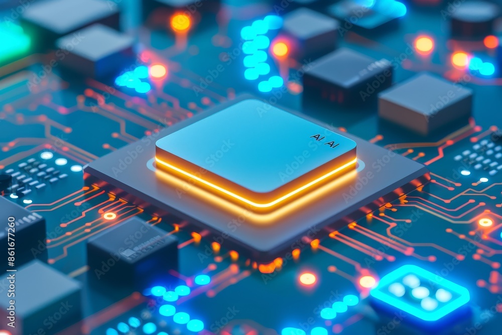 AI microchip on circuit board, highlighting advanced artificial intelligence technology, digital innovation AI microchip on circuit board, highlighting advanced artificial intelligence technology, digital innovation