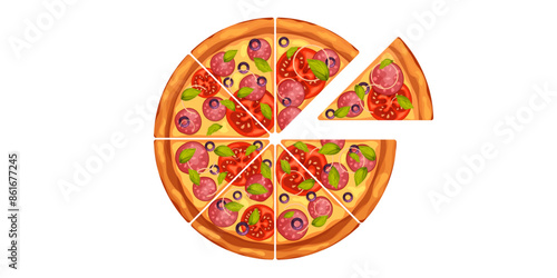Pizza pieces. Cheese part of ready to eat cut food top view, cook dinner from sausage, tomato and italian olive. Online pizzeria delivery element for advertising realistic vector illustration