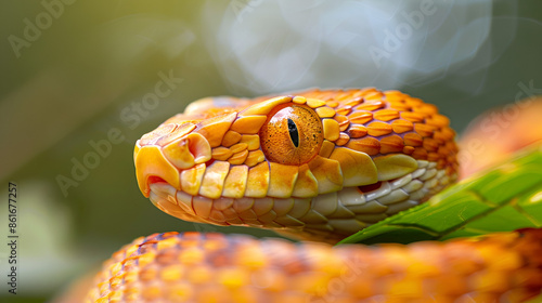  A snake with a yellow head sits on a branch non venomous exotic dangerous animal
 photo