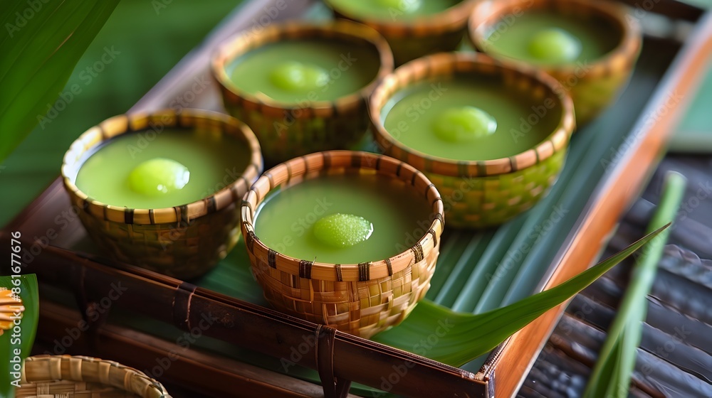 Vibrant Thai Pandan Custard Cups Served on Wooden Tray with Fresh Leaves Vibrant Thai Pandan Custard Cups Served on Wooden Tray with Fresh Leaves