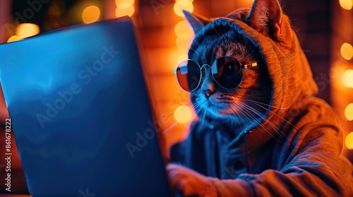 Funny cat in sunglasses working on the laptop in the night. Hacker in hoodie dark theme
