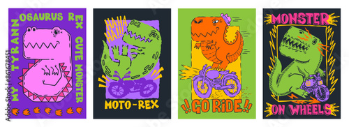 Dino on motorcycle. Boy sport animal. Dinosaur color print for T-shirt. Funny comic rider on cycle. T-rex driving motorbike. Jurassic monster on wheels. Vector design abstract posters set