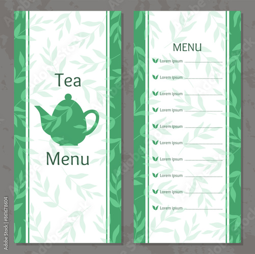 Tea menu. Restaurant bar brochure. Botanical design. Ceramic teapots. Plant leaves. Hot beverages list with prices. Ceylon or herbal taste. Vector cafe drinks assortment booklet template