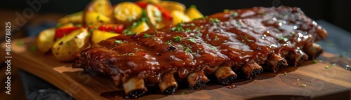 Delicious BBQ ribs served with roasted vegetables on a wooden platter, perfect for a hearty meal and culinary presentations.