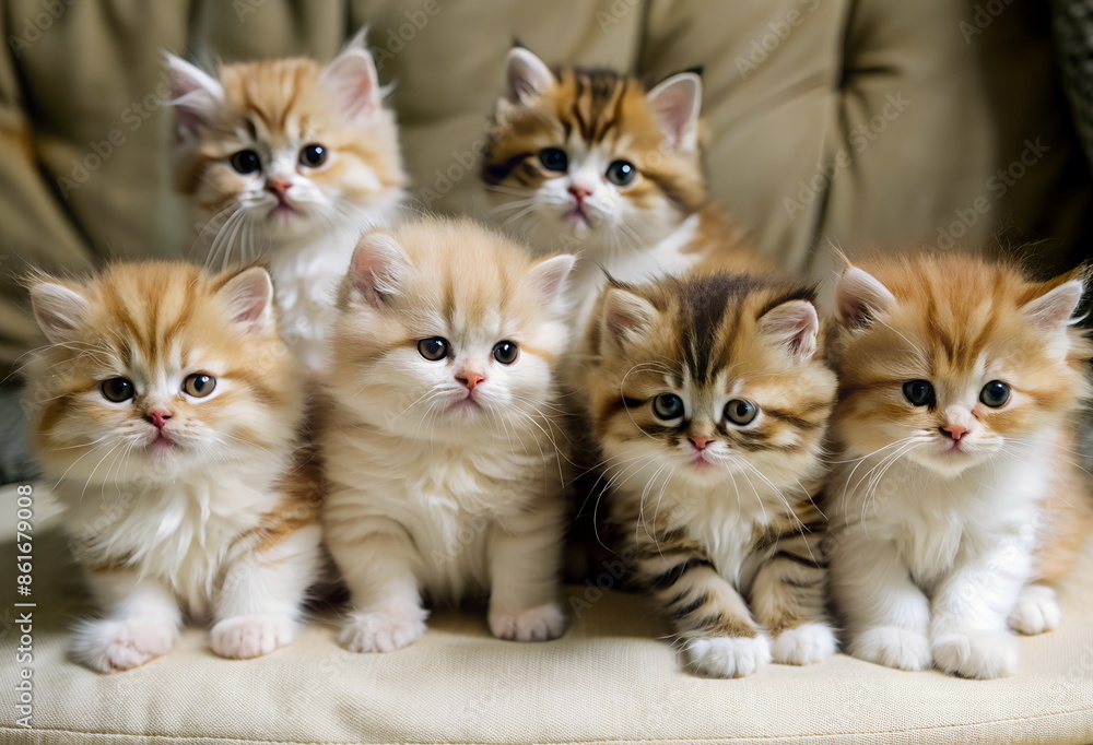 Cute fluffy persian kittens on beige sofa background . Cute fluffy persian kittens on beige sofa background .