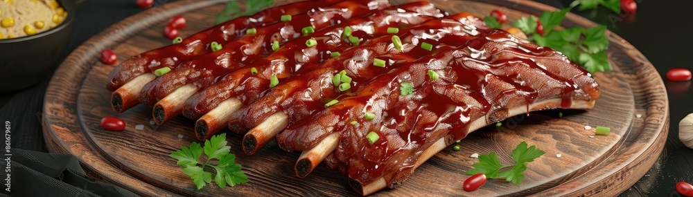 Delicious BBQ pork ribs glazed with sauce, served on a wooden board with garnish. Perfect for a hearty meal and culinary presentations. Delicious BBQ pork ribs glazed with sauce, served on a wooden board with garnish. Perfect for a hearty meal and culinary presentations.