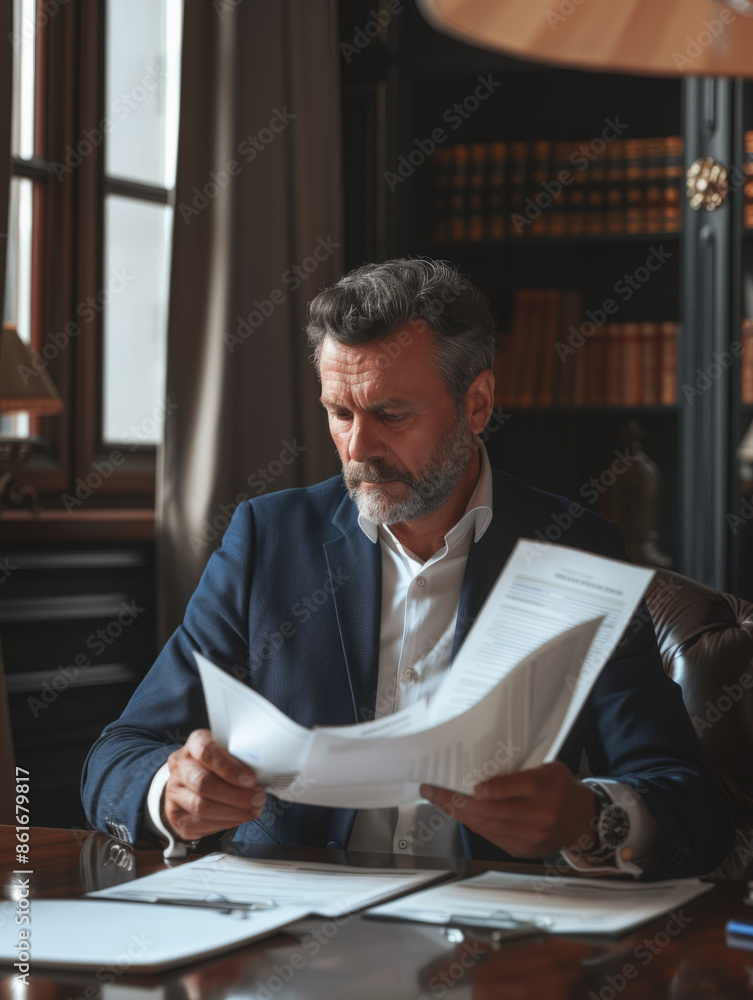 Rich, mature, mature, successful middle-aged businessman is reviewing documents in his own office
Rich, mature, mature, successful middle-aged businessman is reviewing documents in his own office