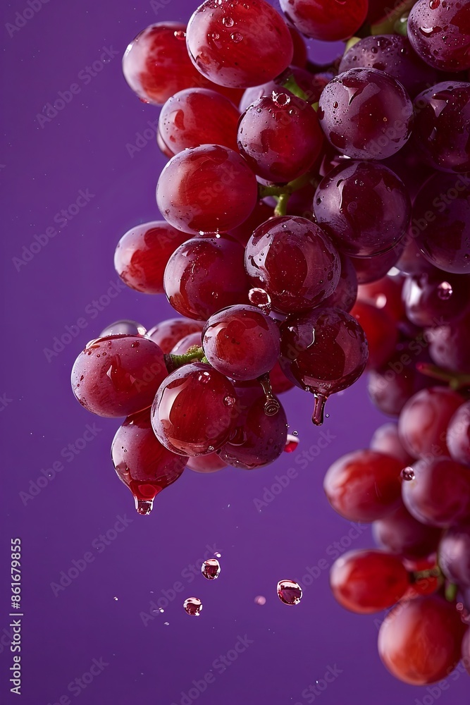 Super slow motion shot of fresh grapes falling into red wine against a purple background 