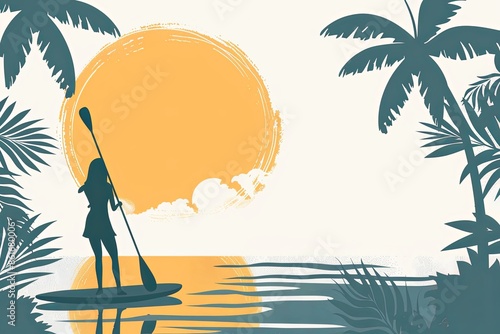 Silhouette of a Woman Paddleboarding at Sunset in a Tropical Lagoon photo
