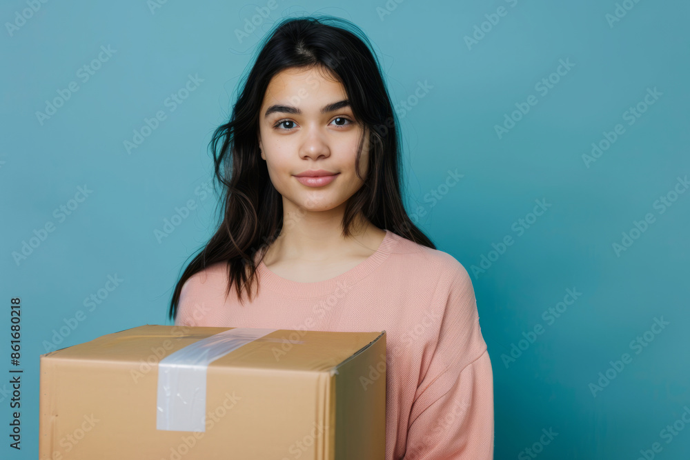 A young woman on an isolated blue background holds a cardboard box in her hands with space for text or inscriptions
A young woman on an isolated blue background holds a cardboard box in her hands with space for text or inscriptions