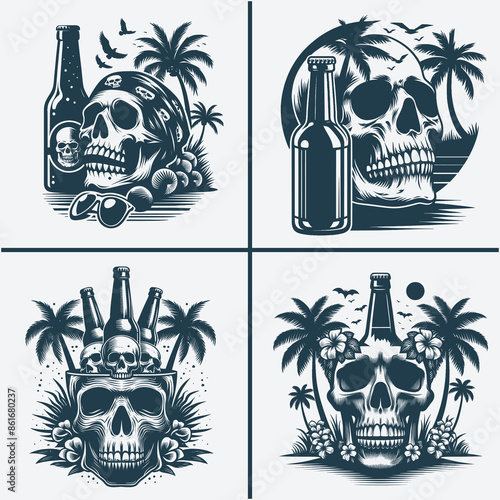 skull head with beer bootle and palm trees svg vector file