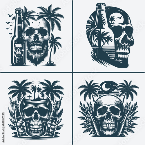 skull head with beer bootle and palm trees svg vector file