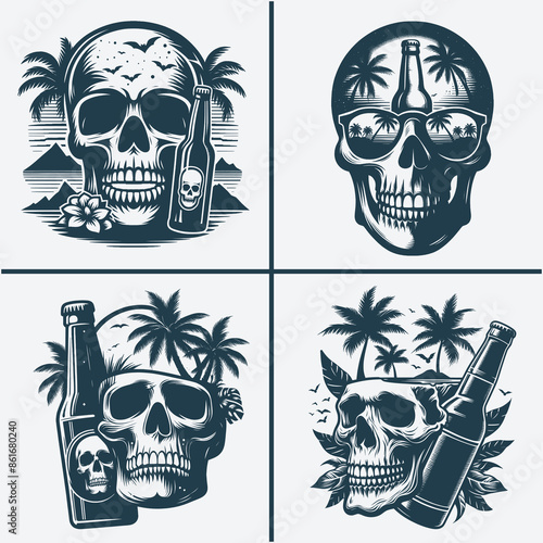 skull head with beer bootle and palm trees svg vector file