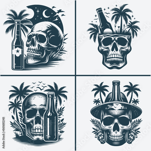 skull head with beer bootle and palm trees svg vector file